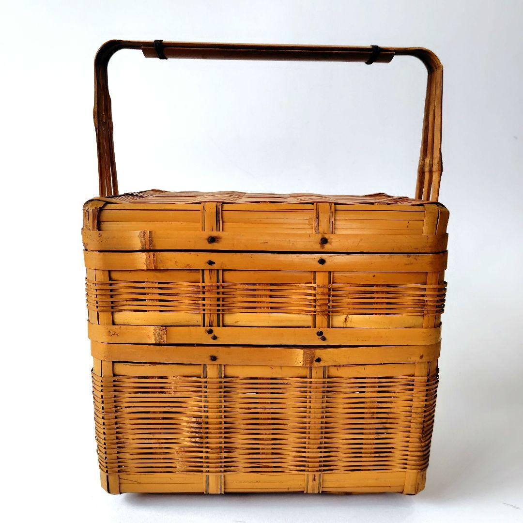 竹製 2段 蓋付 竹籠 弁当箱 バスケット 竹編 古道具
