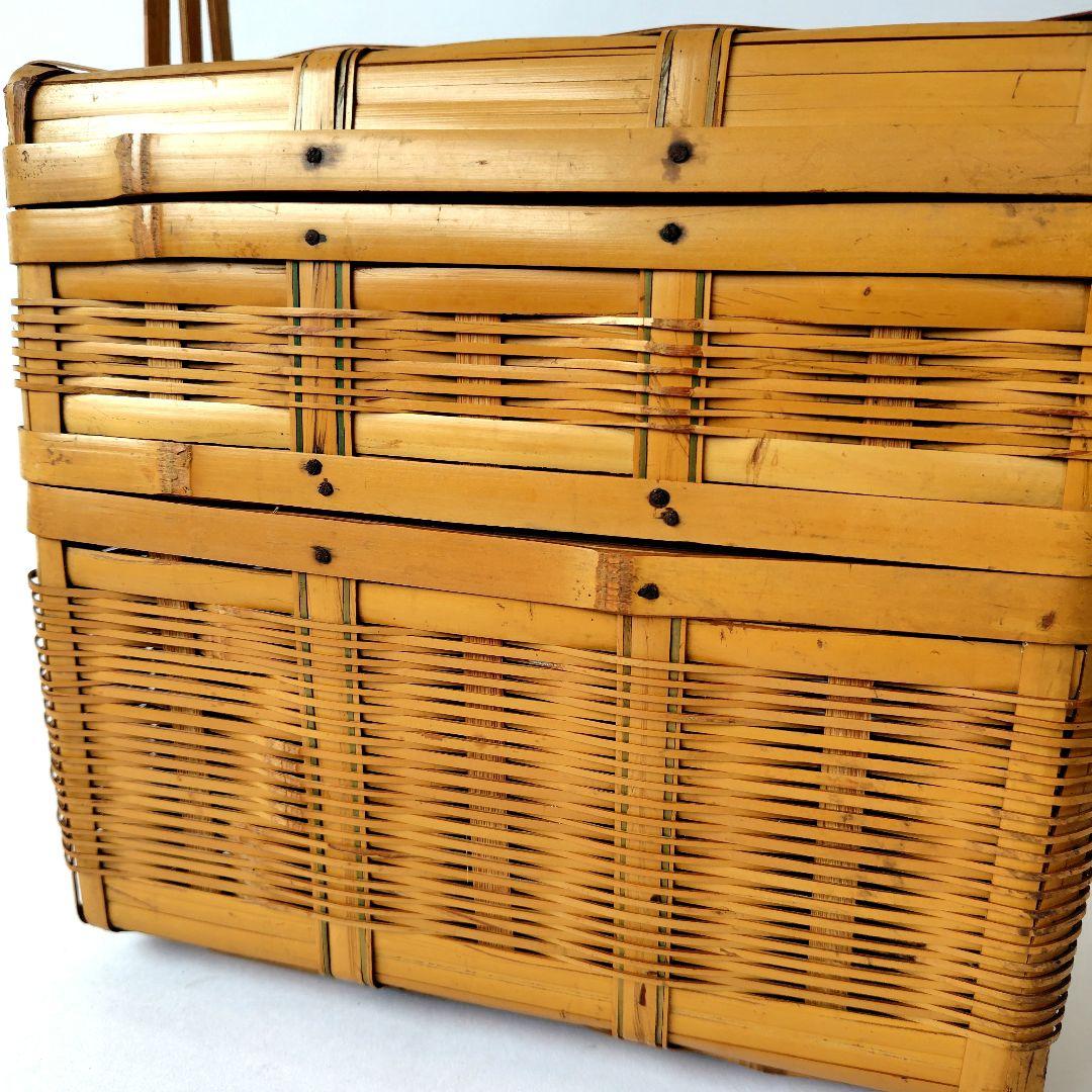 竹製 2段 蓋付 竹籠 弁当箱 バスケット 竹編 古道具