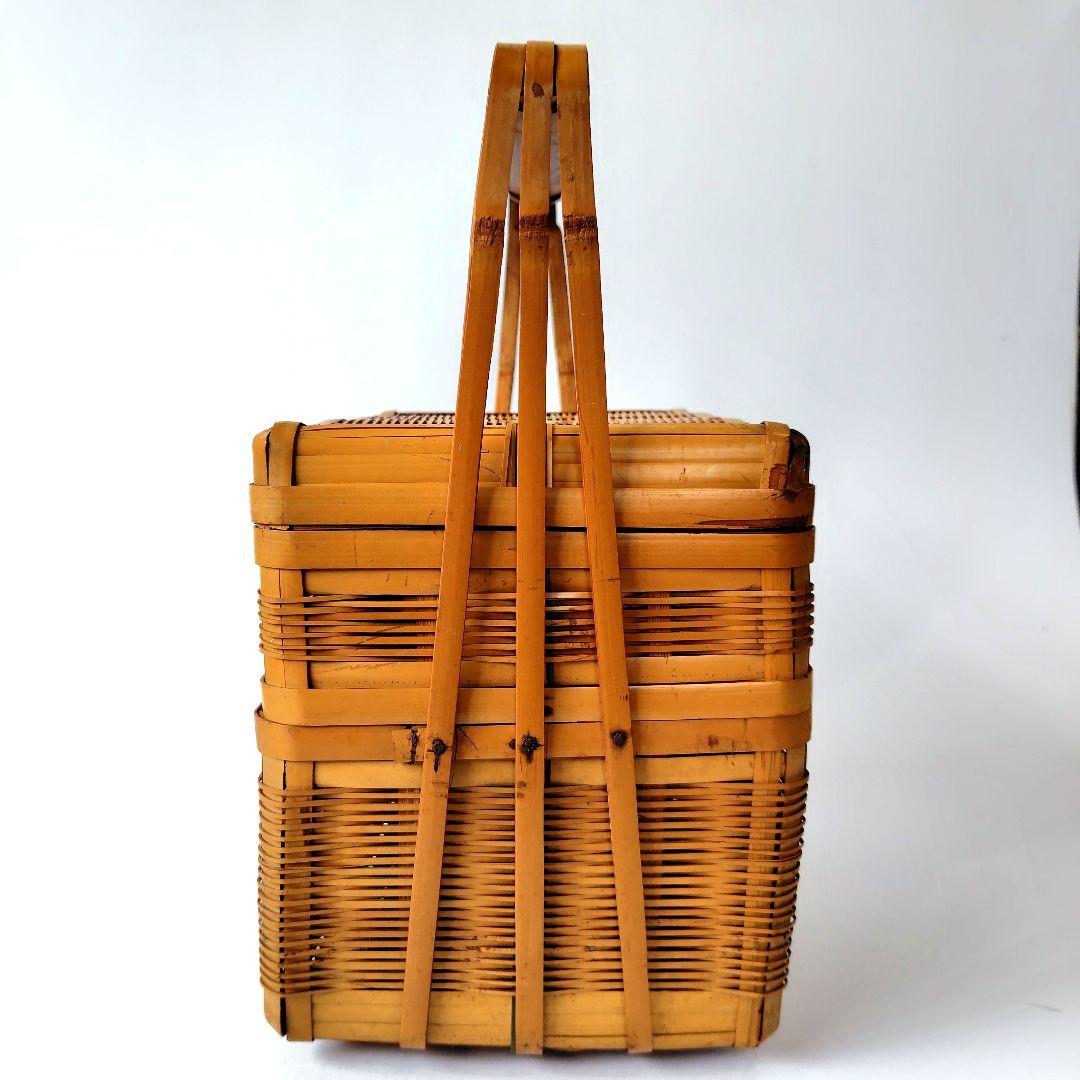 竹製 2段 蓋付 竹籠 弁当箱 バスケット 竹編 古道具