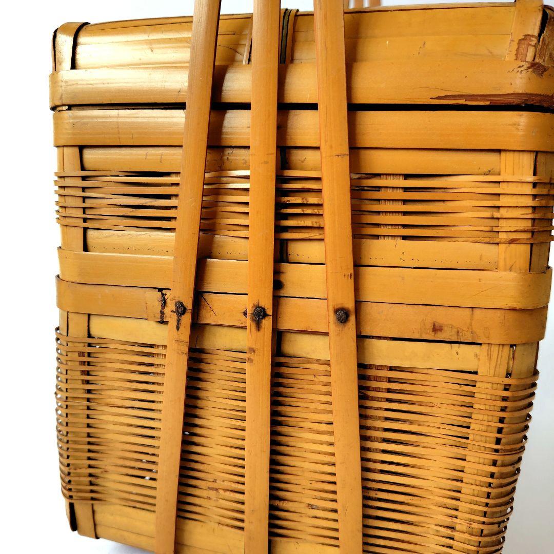 竹製 2段 蓋付 竹籠 弁当箱 バスケット 竹編 古道具