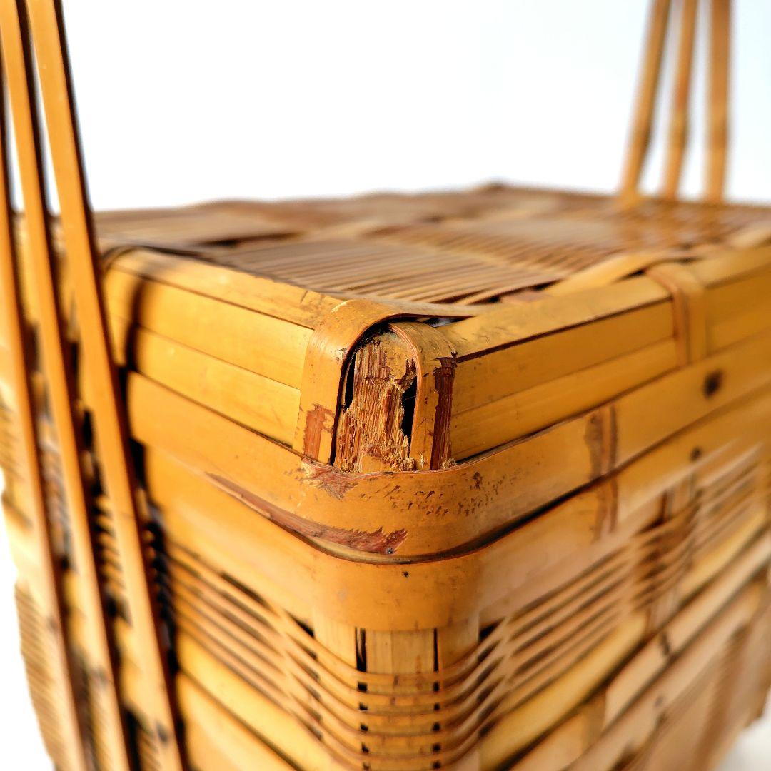竹製 2段 蓋付 竹籠 弁当箱 バスケット 竹編 古道具