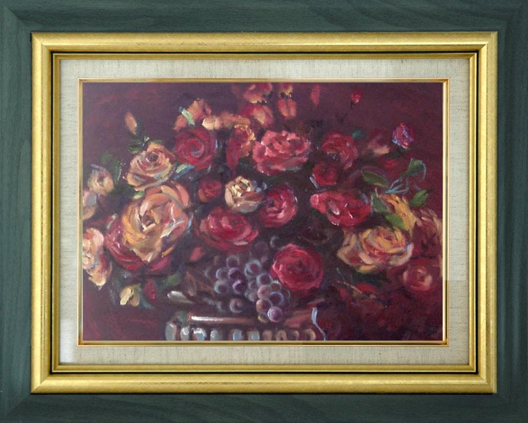 油絵 菅家令子 絵 絵画 インテリア 額付(黒) uF6-113802 花 ばら