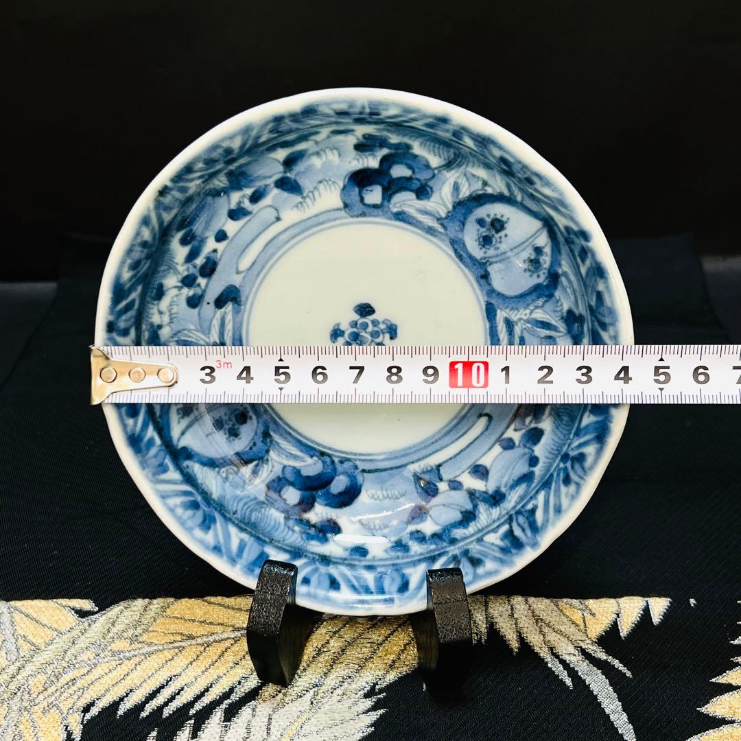 希少 古伊万里　柿右衛門　藍柿　渦福　角福　染付山水桃絵　深皿　1枚　鑑賞皿骨董