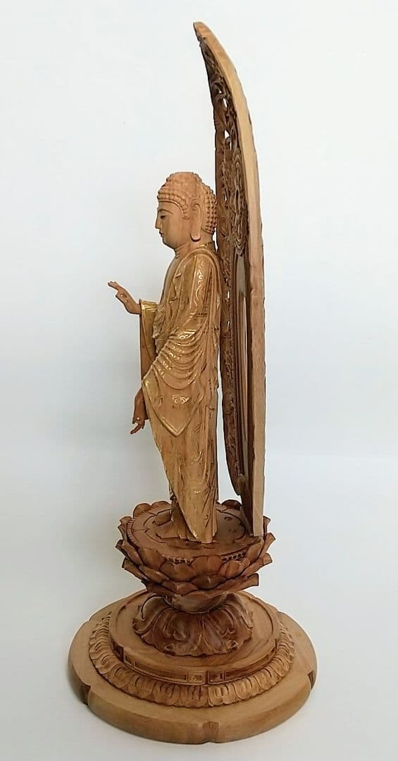 阿弥陀如来立像 4.5寸 #457 円台座 宝相華唐草 透彫り◆白檀 木彫 仏像