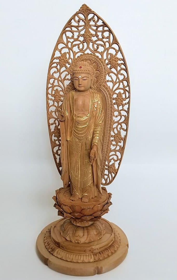 阿弥陀如来立像 4.5寸 #457 円台座 宝相華唐草 透彫り◆白檀 木彫 仏像