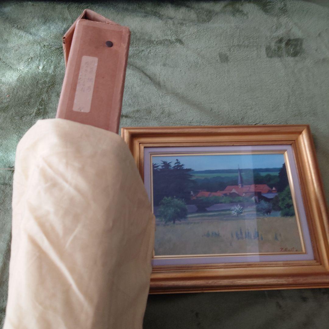 油彩画　内藤綱男　塔のある小さな村　ロワール地方 　田園風景 金色フレーム付き