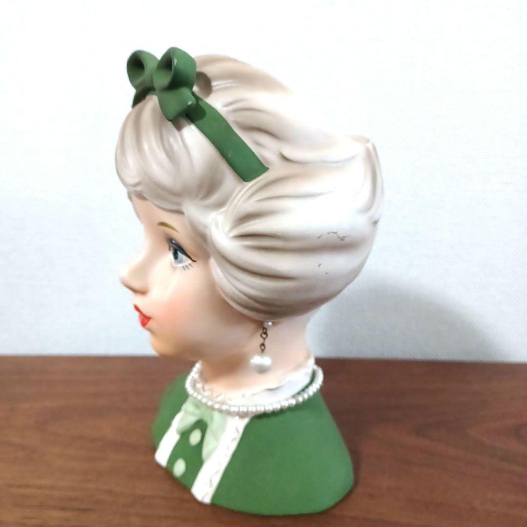 ビンテージ レディヘッドベース 陶器製置物花瓶　緑色のドレスにパールのネックレス