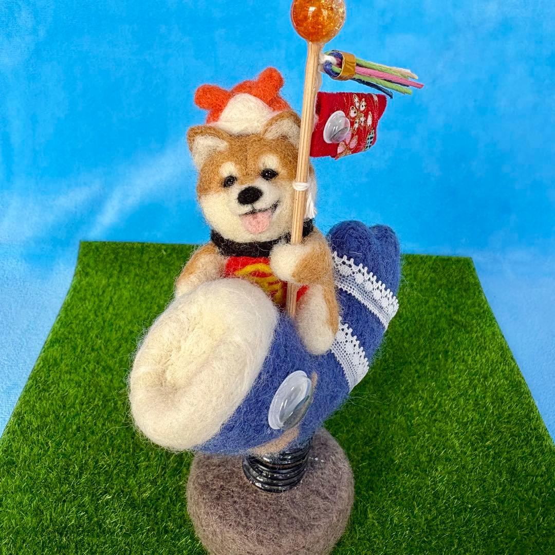 こどもの日⭐️青い鯉のぼりにまたがる金太郎柴犬ちゃん(羊毛フェルト）