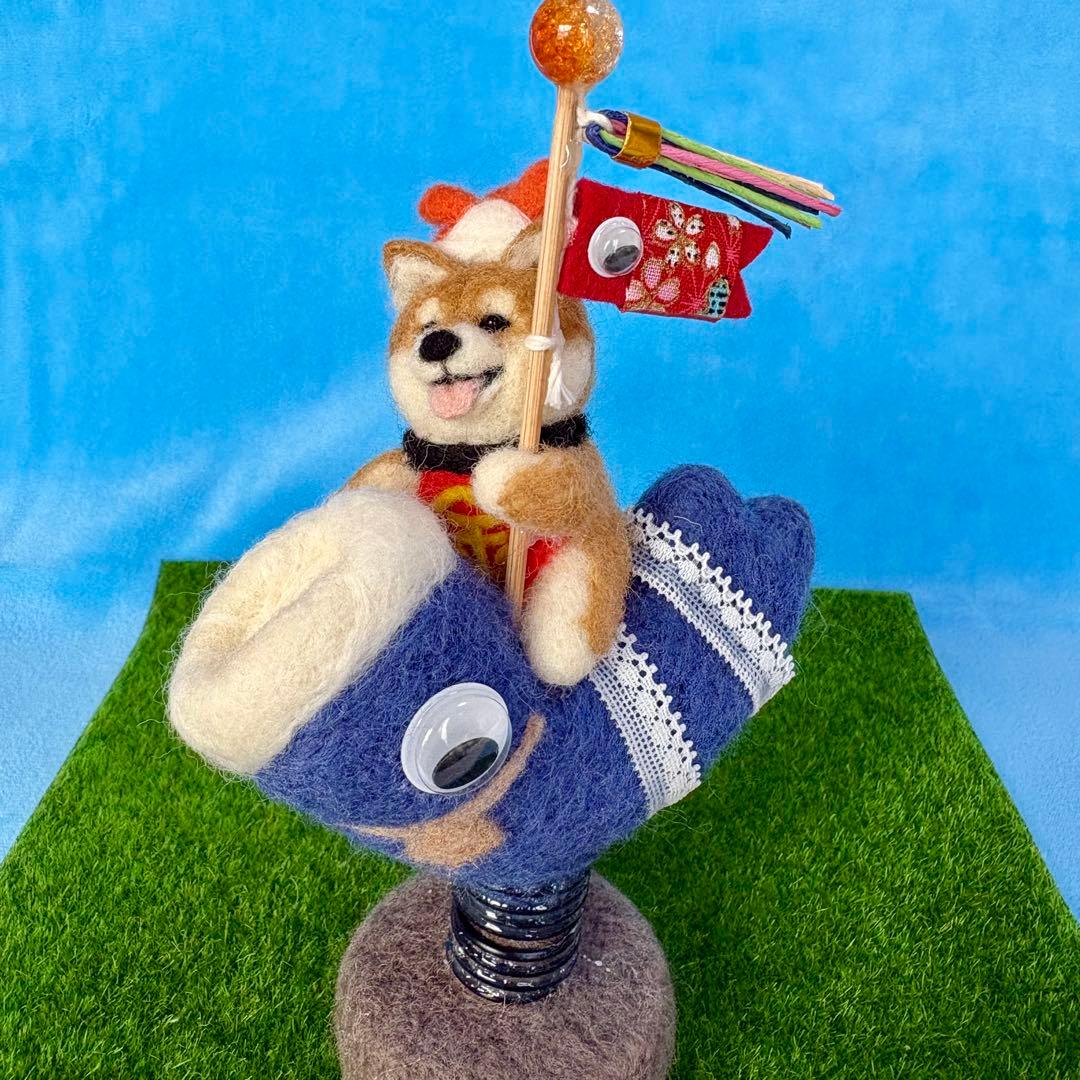こどもの日⭐️青い鯉のぼりにまたがる金太郎柴犬ちゃん(羊毛フェルト）