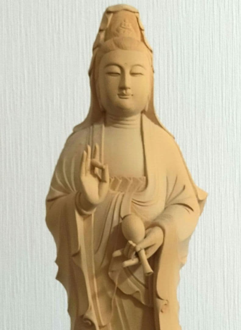 セール✨仏像美術品　白楠木彫り　H58cm　大型龍上滴水観音様の立像　開運縁起物