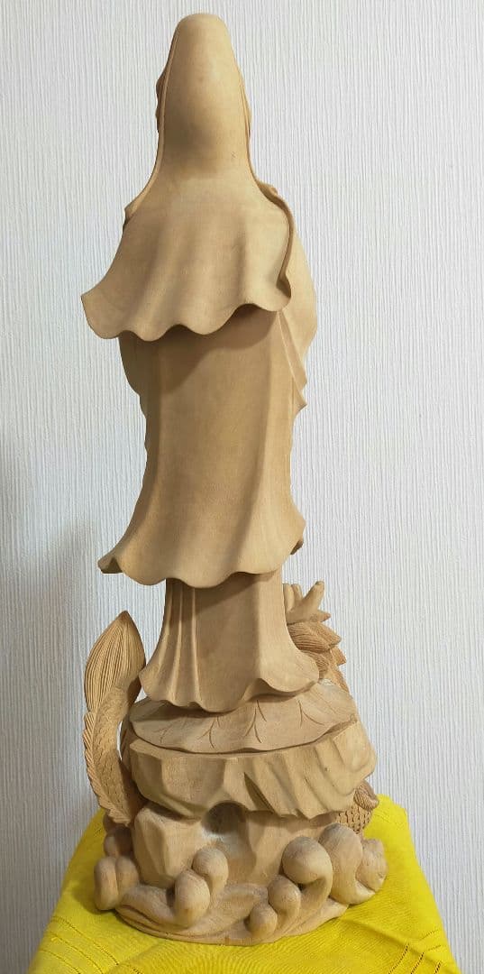 セール✨仏像美術品　白楠木彫り　H58cm　大型龍上滴水観音様の立像　開運縁起物