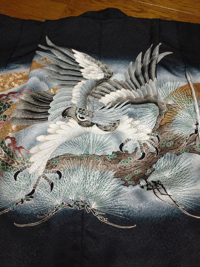 ☆七五三用☆お着物セット☆ 黒地　龍　鷹　富士山 着物　袴ゴールド　男児