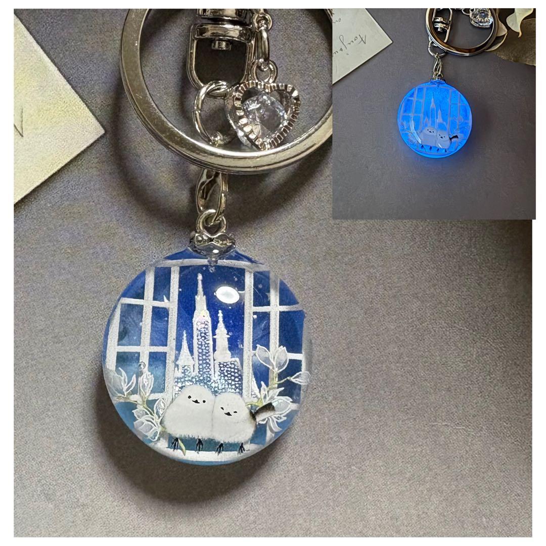 専用NO.166 キーホルダー レジン ぷっくり円形 流れ星・シマエナガ(蓄光)