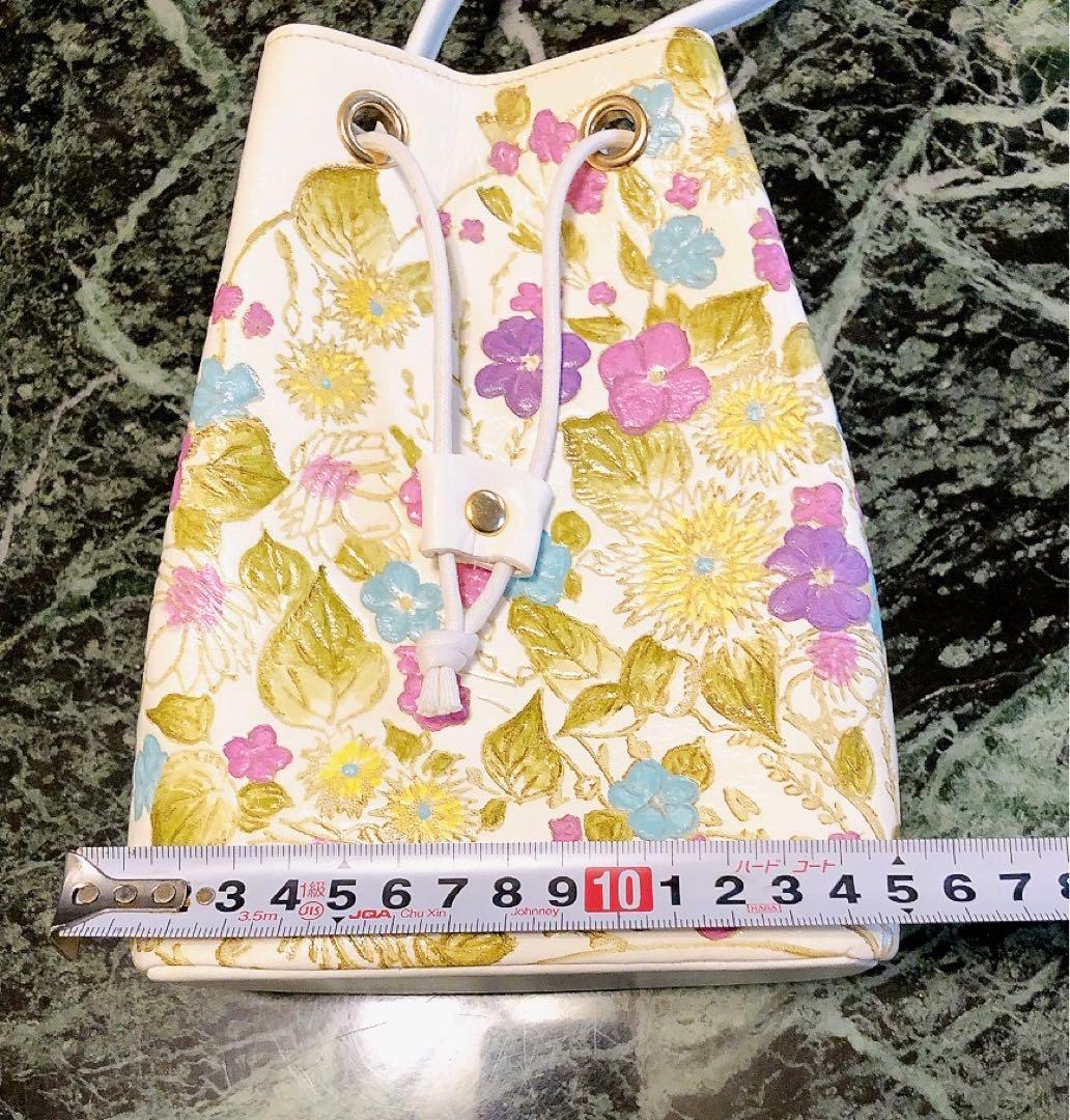 【姫路・姫革細工】巾着バッグ 伝統工芸品 花柄 白鞣革　（盛花　ピンク）