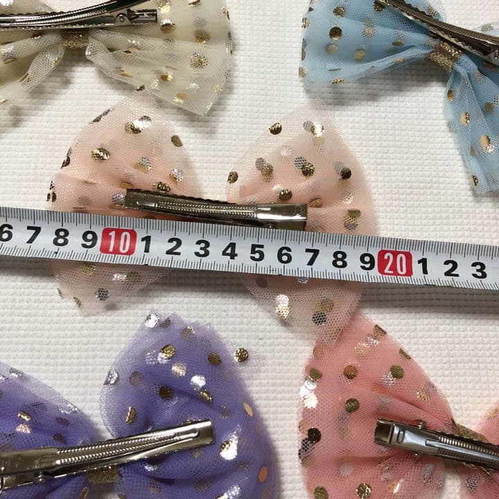 ♬キッズクリップ04 ドット柄ラメチュールキッズヘアピン　ふわふわビッグリボン