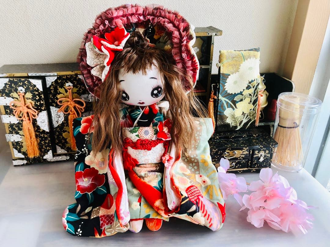 ＊夢 着物 文化人形＊お人形 布人形 約30cm エプロン着せ替え 古布＊