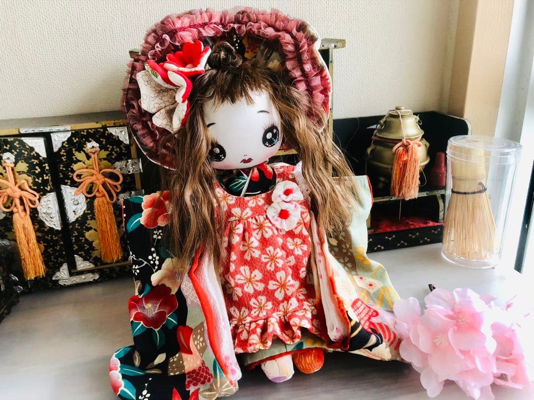 ＊夢 着物 文化人形＊お人形 布人形 約30cm エプロン着せ替え 古布＊