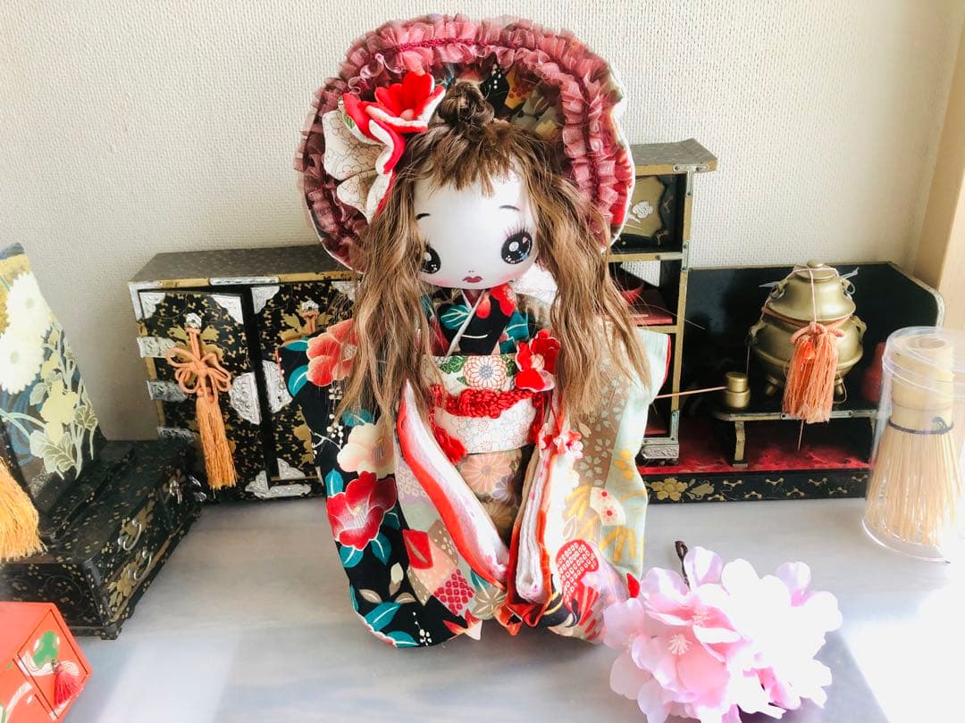 ＊夢 着物 文化人形＊お人形 布人形 約30cm エプロン着せ替え 古布＊