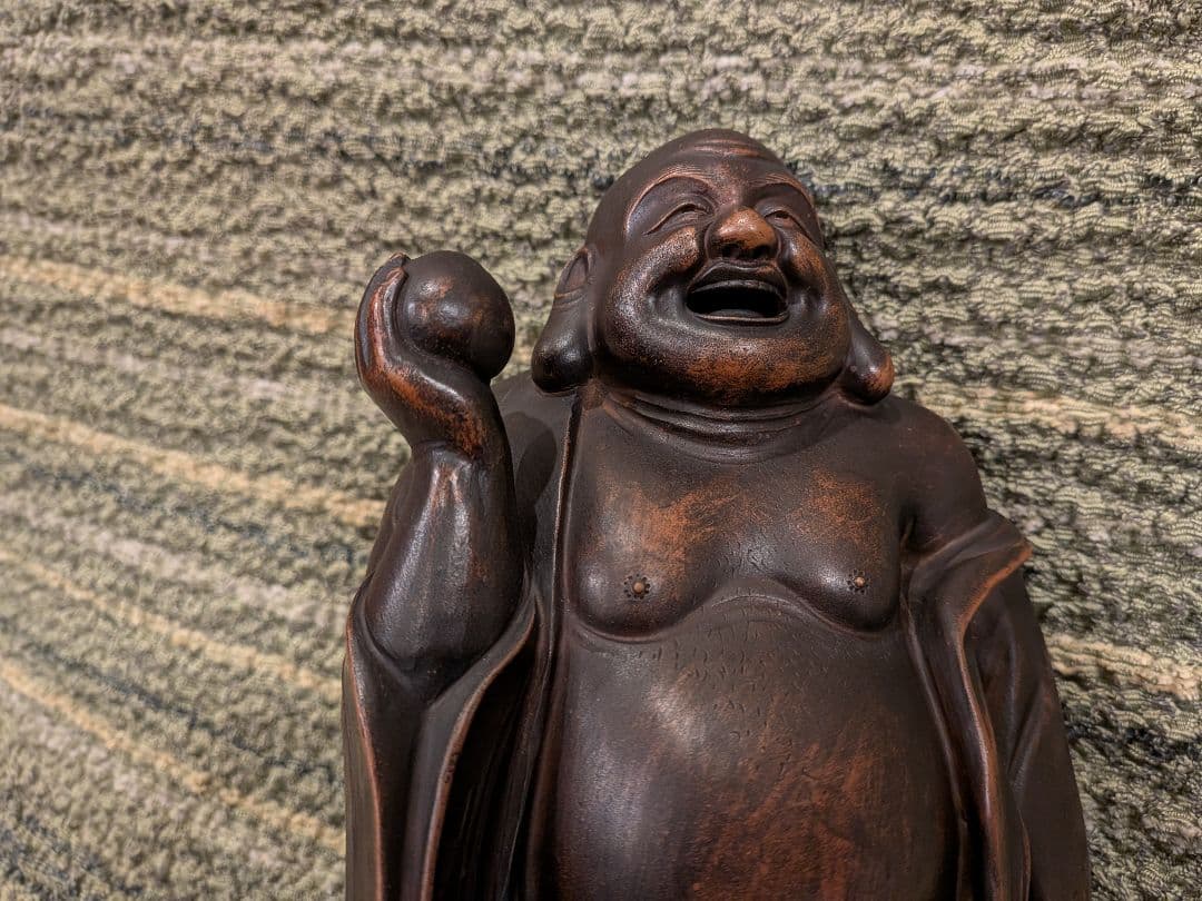 No.20古備前宝珠を持つ布袋像A12、備前焼布袋様、 笑顔の布袋像、七福神