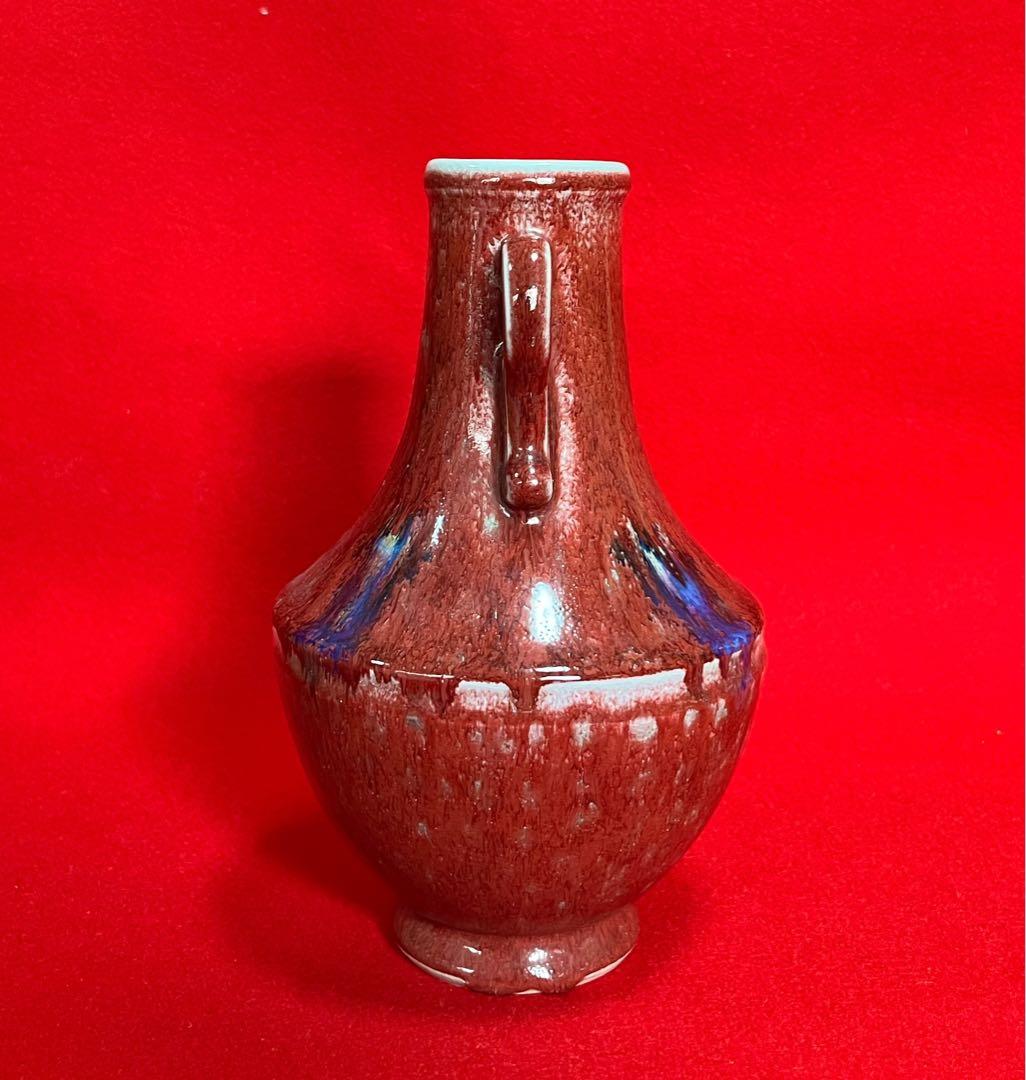 中国美術 古玩 红釉雙耳花瓶 花器 置物　コレクション