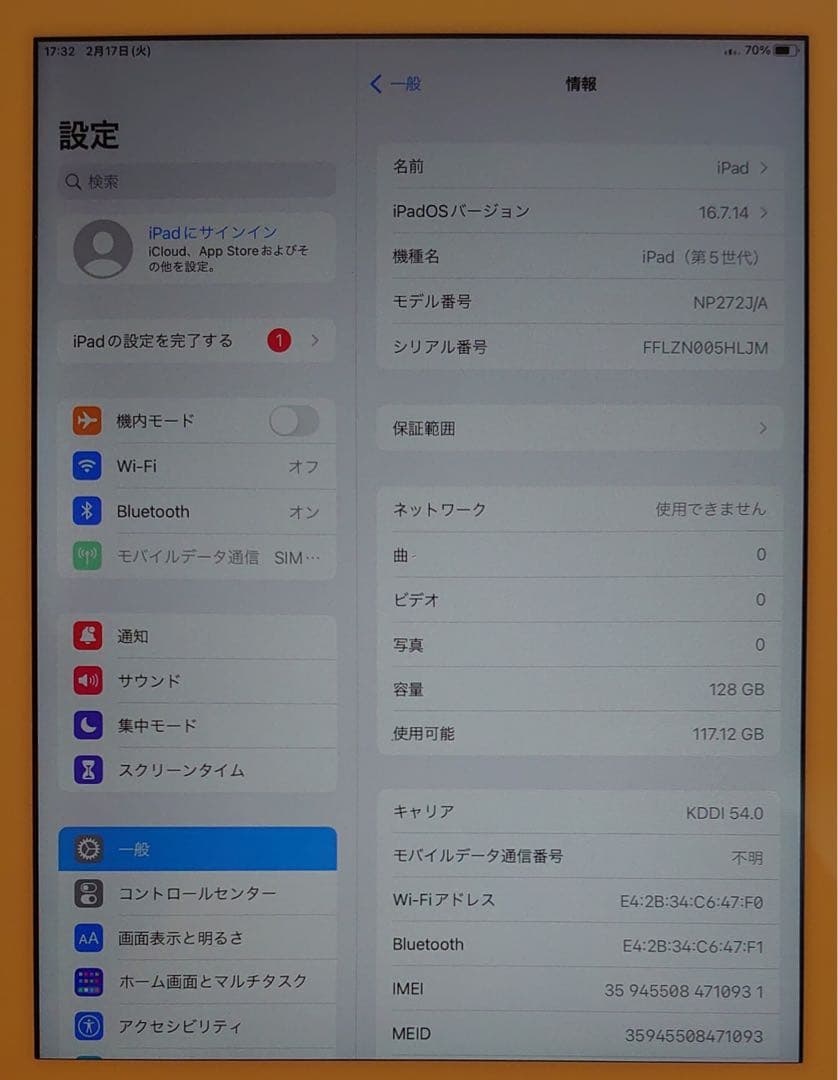 完動品SIMフリーiPad第5世代(A1823)本体128GB送料込5HLJM