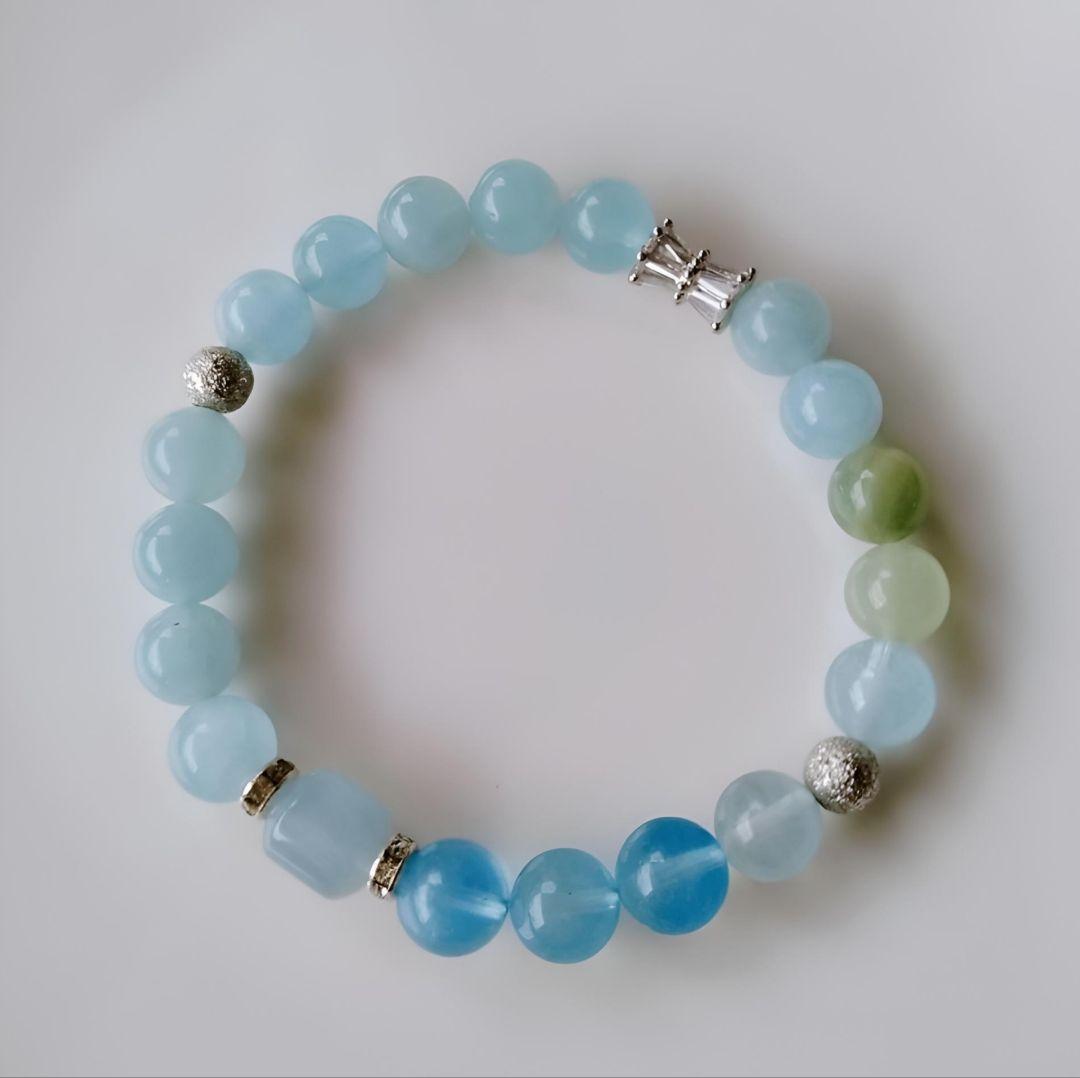 希少石 天然石 スターアクアマリン グリーンベリル CZパヴェ ブレスレット