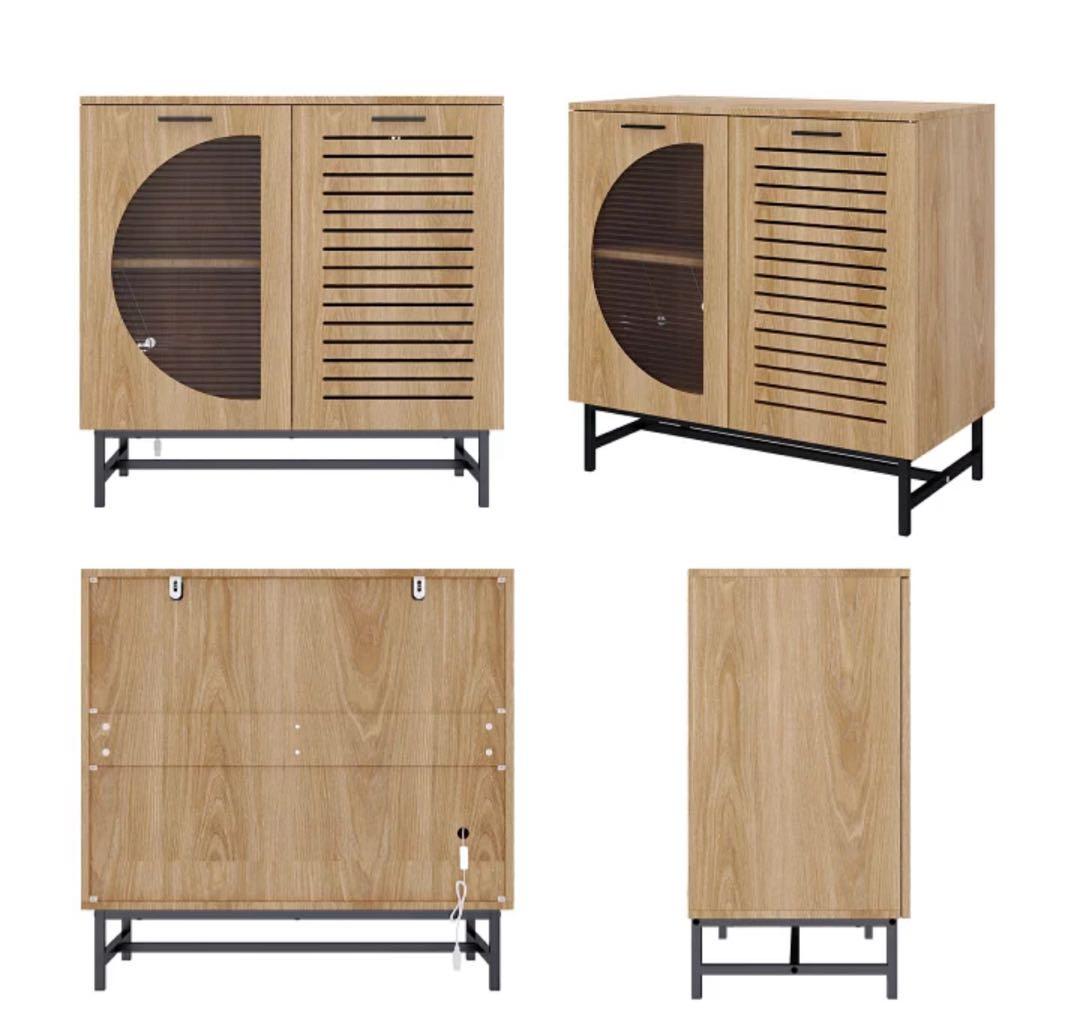 キャビネット サイドボード LEDライト付き 両開き扉収納 木目調 北欧風