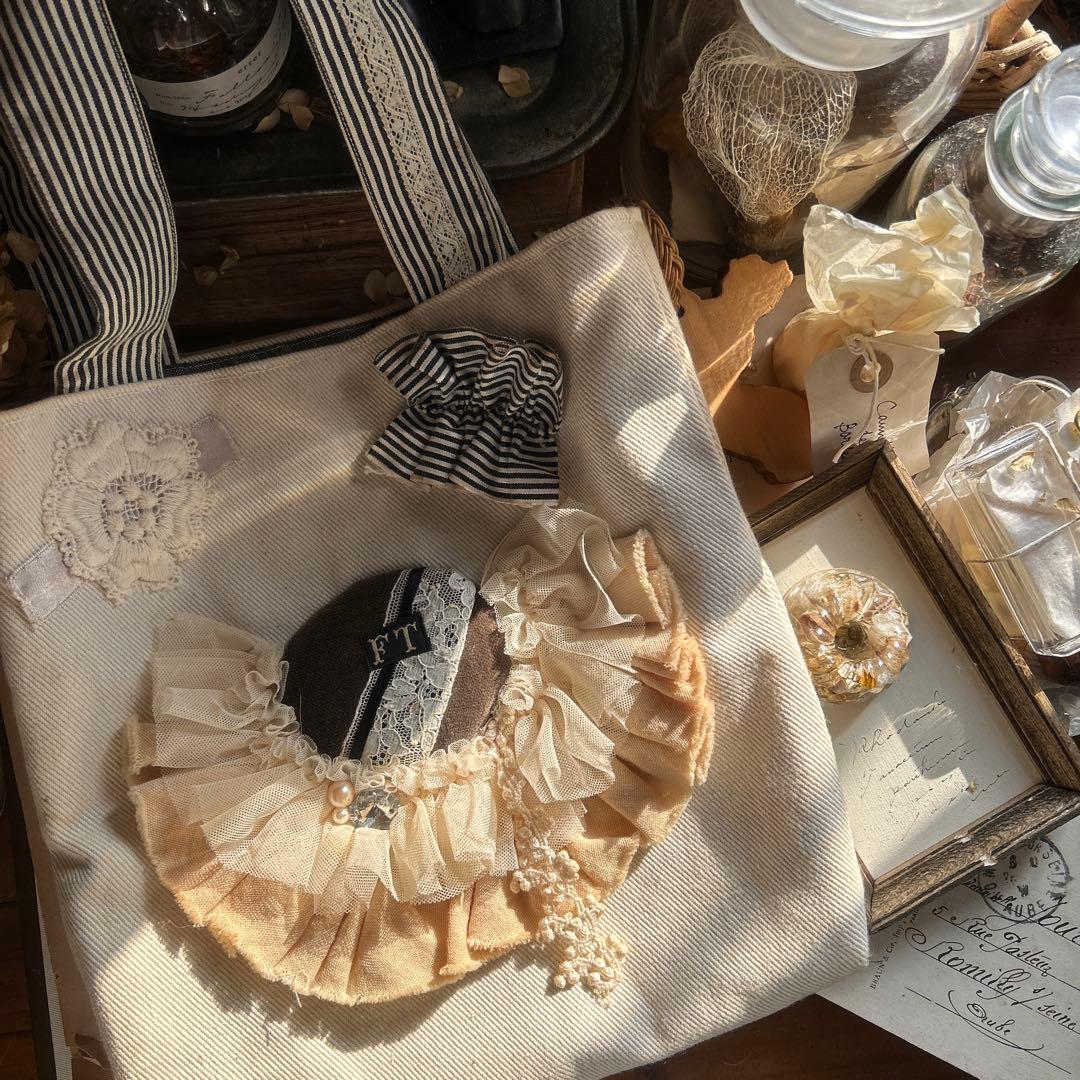 アンティーク風 チュールレース お花刺繍アップリケ フリルコラージュ ミニバッグ