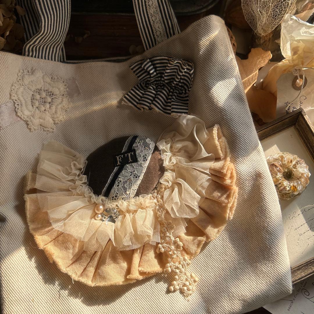 アンティーク風 チュールレース お花刺繍アップリケ フリルコラージュ ミニバッグ