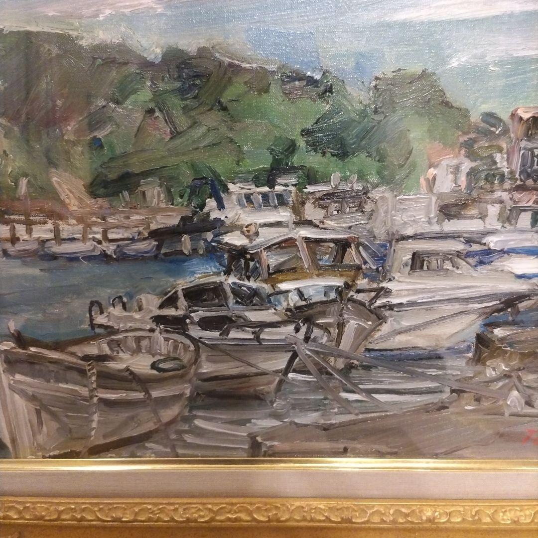 堀太郎　油彩画 港の風景 金色フレーム