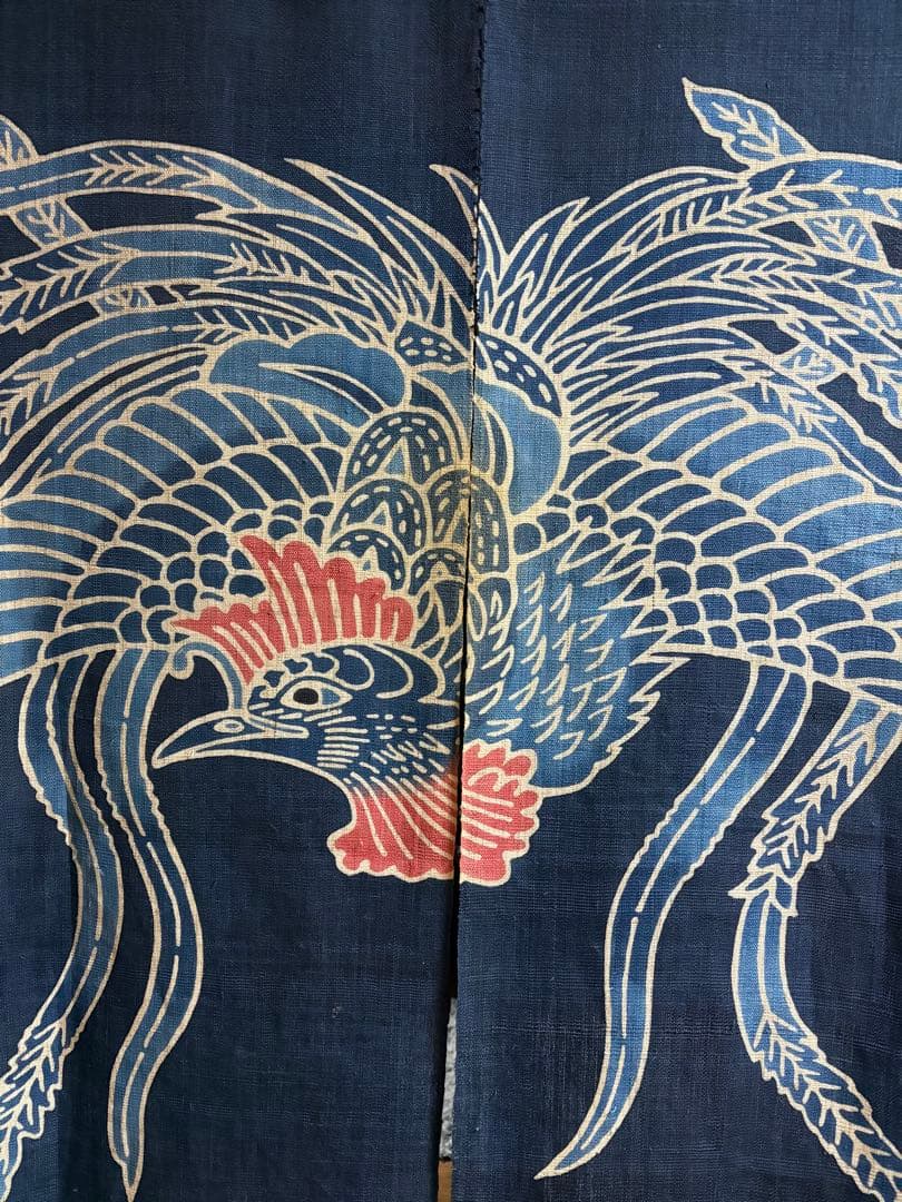 京都くろちく【特注未使用】筒描き鳳凰暖簾♪麻日本製♪150センチ