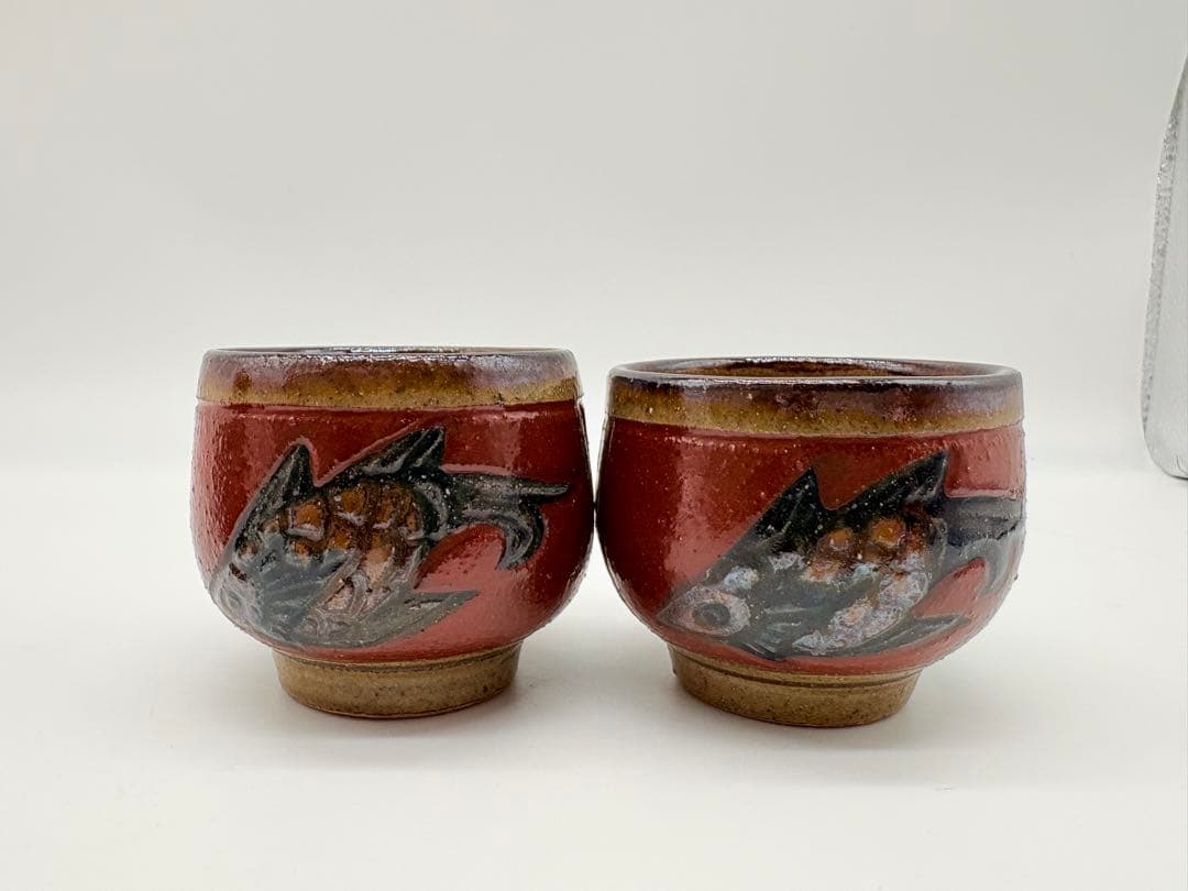 小橋川明史 酒器 赤絵 魚紋　壺屋焼 やちむん 3点セット