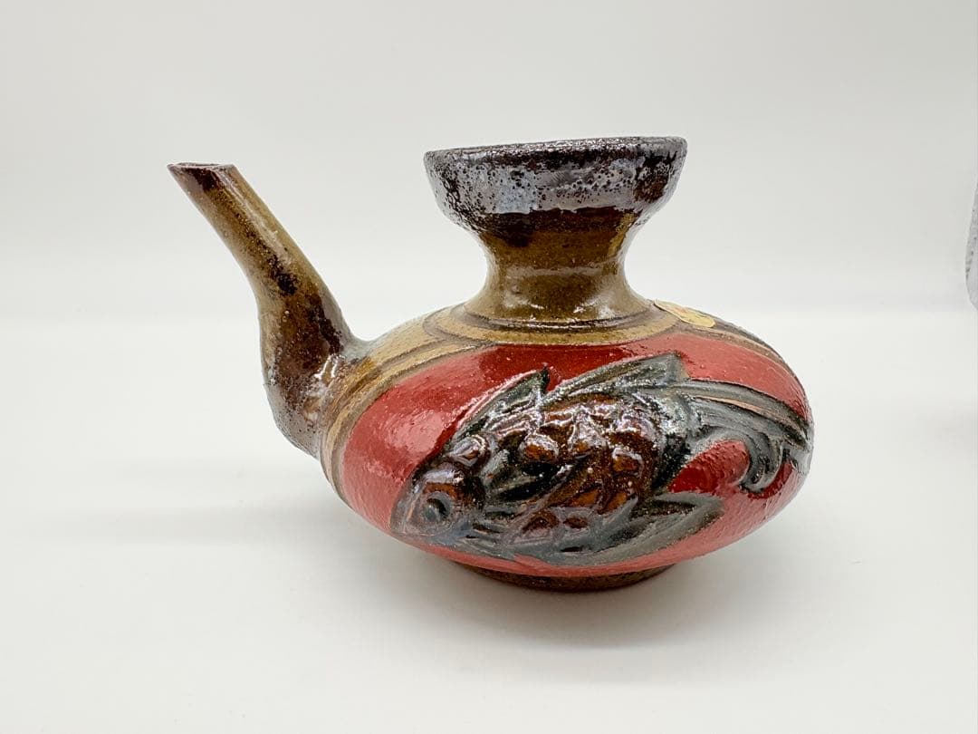 小橋川明史 酒器 赤絵 魚紋　壺屋焼 やちむん 3点セット