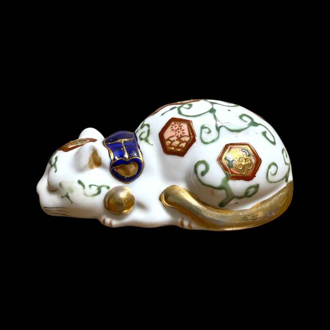 《レア》伊万里焼 陶器製 金彩色絵金襴手 親子眠り猫 ペア セット