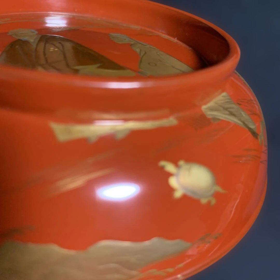 蓋向　木製手描き金彩絵　尾上の爺婆・鶴亀・松竹梅　盛金蒔絵　向付け　煮物椀　3客