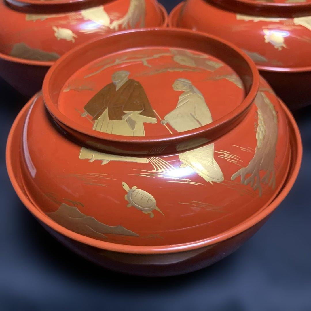 蓋向　木製手描き金彩絵　尾上の爺婆・鶴亀・松竹梅　盛金蒔絵　向付け　煮物椀　3客
