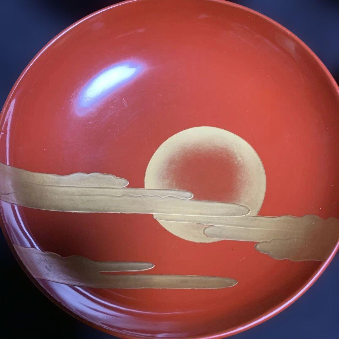 蓋向　木製手描き金彩絵　尾上の爺婆・鶴亀・松竹梅　盛金蒔絵　向付け　煮物椀　3客