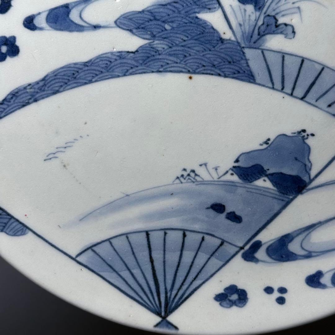 江戸中期　染付扇子文七寸皿　青海波　裏唐草文　コレクター放出品　状態◎ 寛政元禄