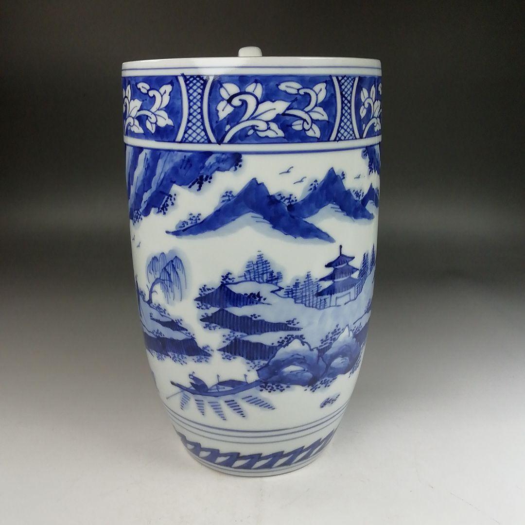 Ｗ３３１　水指　『染付　山水』『中置水指』『陶宝 造』『塗替蓋付』　共箱　茶道具