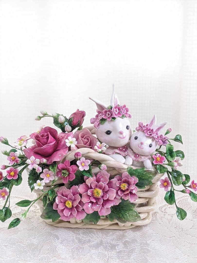 【専用】クレイフラワー♥かごにお花とうさぎさん♥ハンドメイド