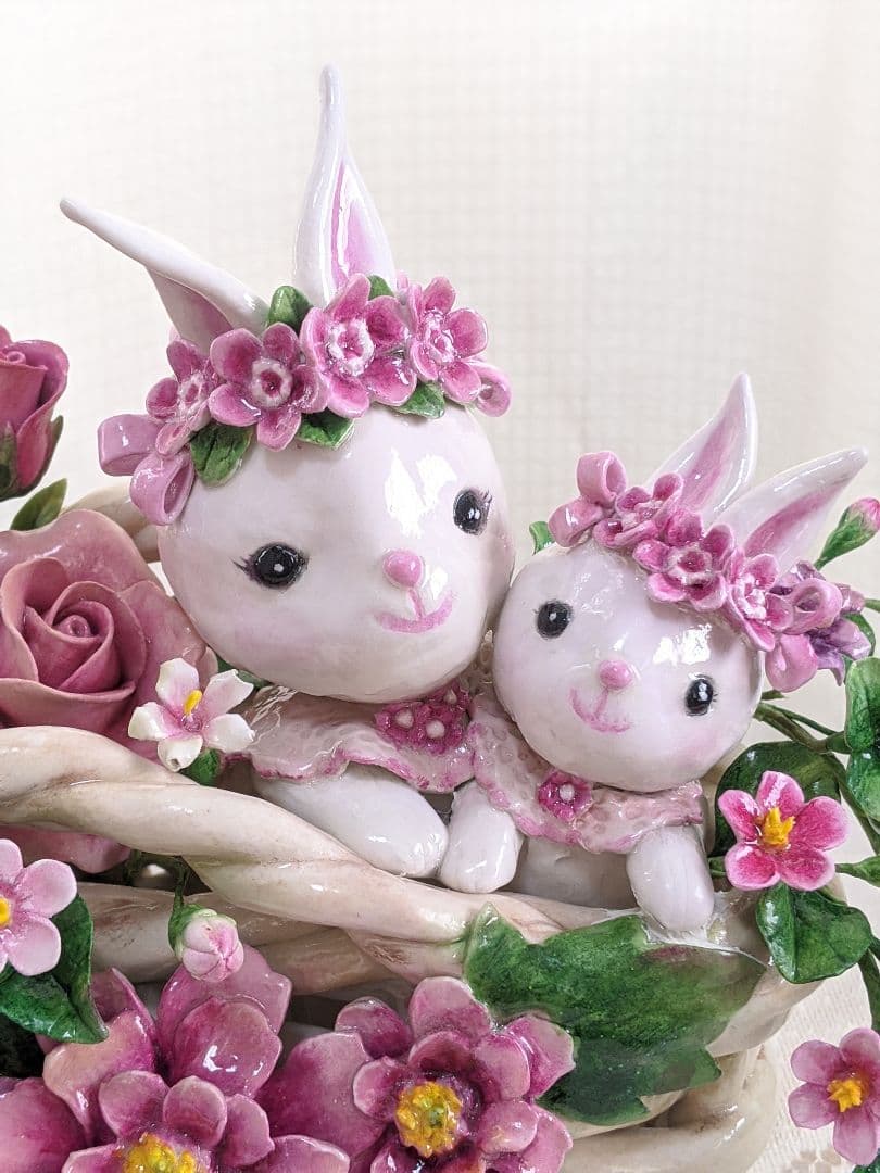 【専用】クレイフラワー♥かごにお花とうさぎさん♥ハンドメイド