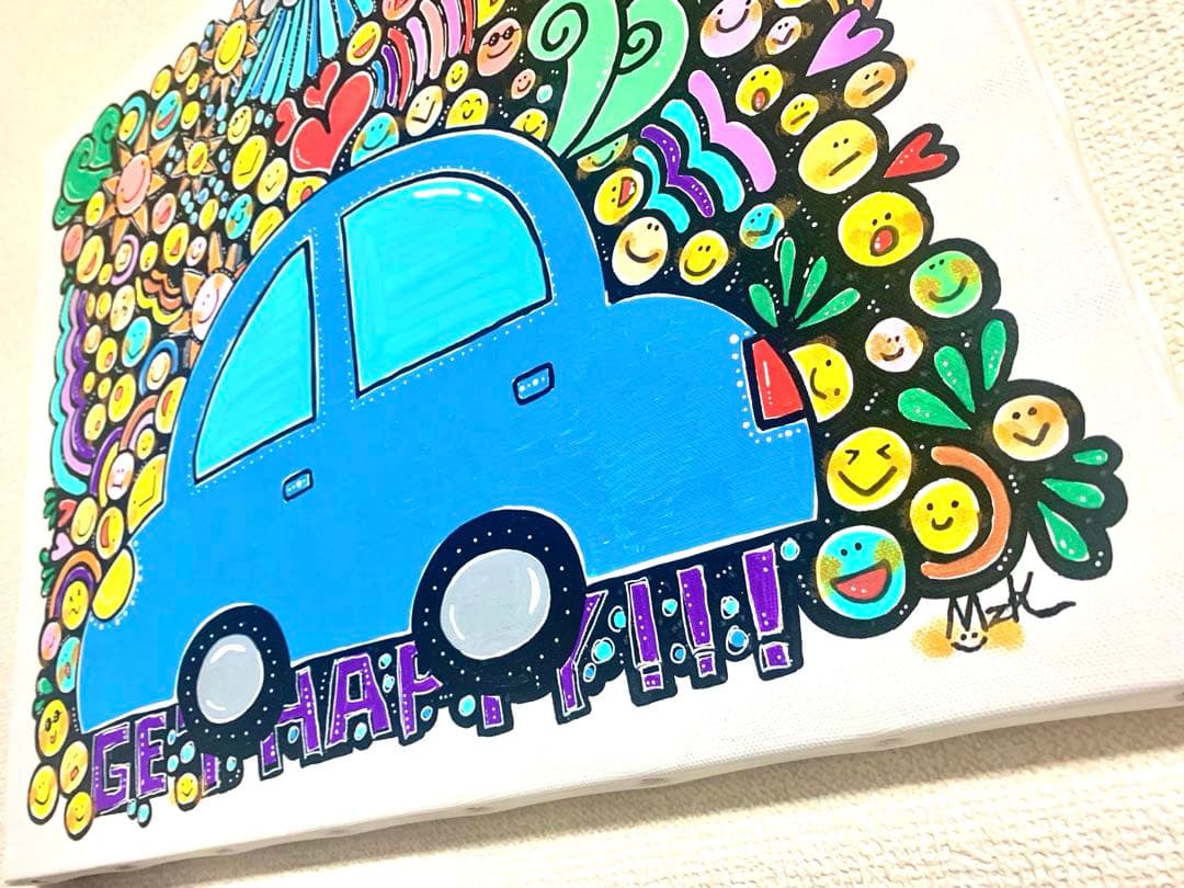 【原画】オリジナルアート GETHAPPY 青い車　陽気 仲良し 虹 元気