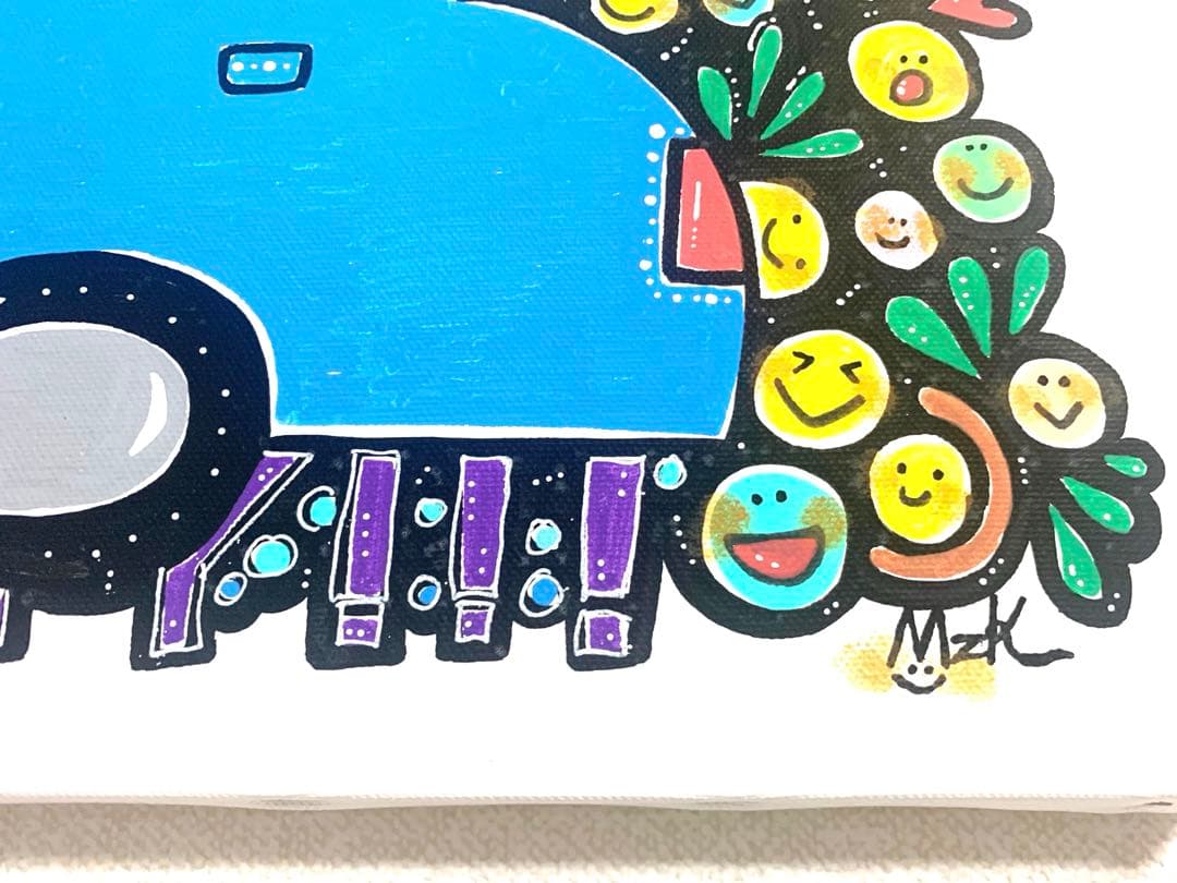 【原画】オリジナルアート GETHAPPY 青い車　陽気 仲良し 虹 元気