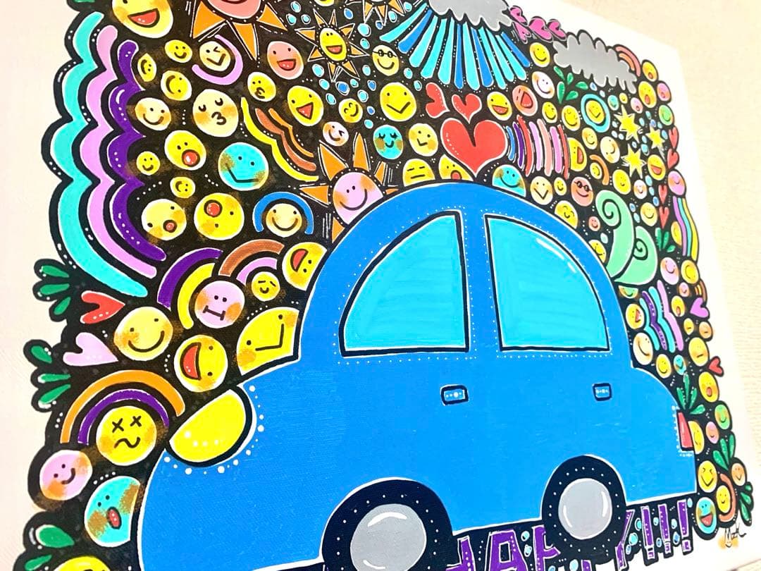 【原画】オリジナルアート GETHAPPY 青い車　陽気 仲良し 虹 元気