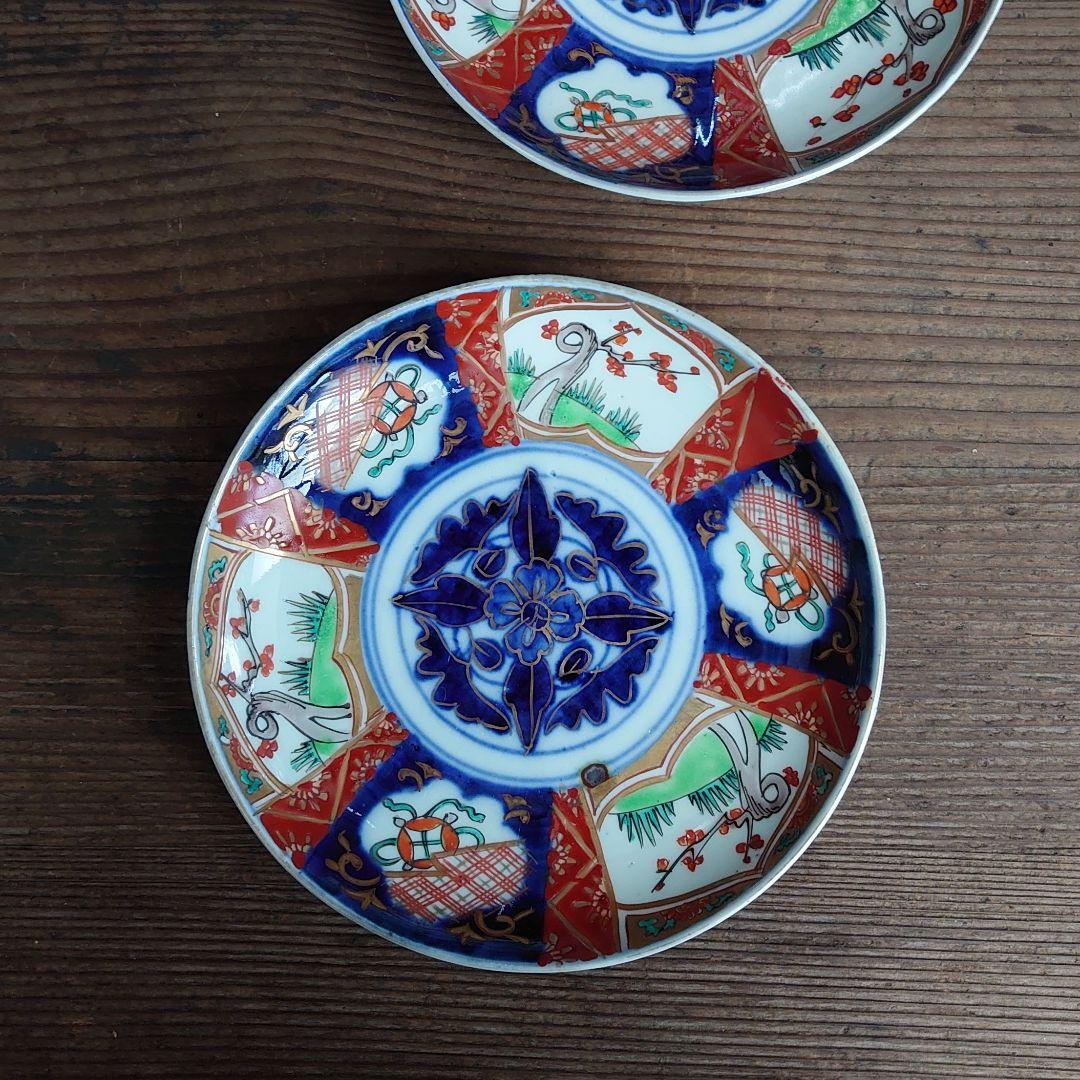 明治伊万里 色絵金彩 花クルス文 6寸皿 2枚 骨董 アンティーク