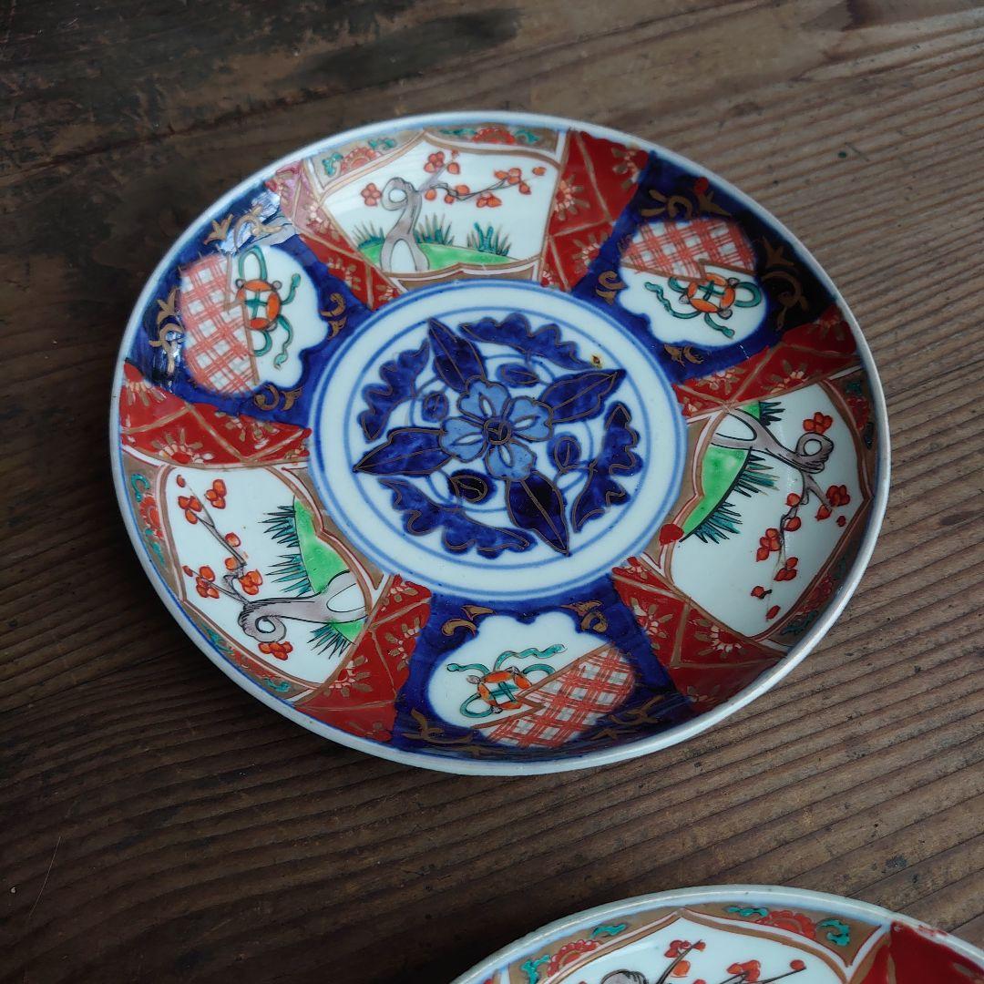 明治伊万里 色絵金彩 花クルス文 6寸皿 2枚 骨董 アンティーク