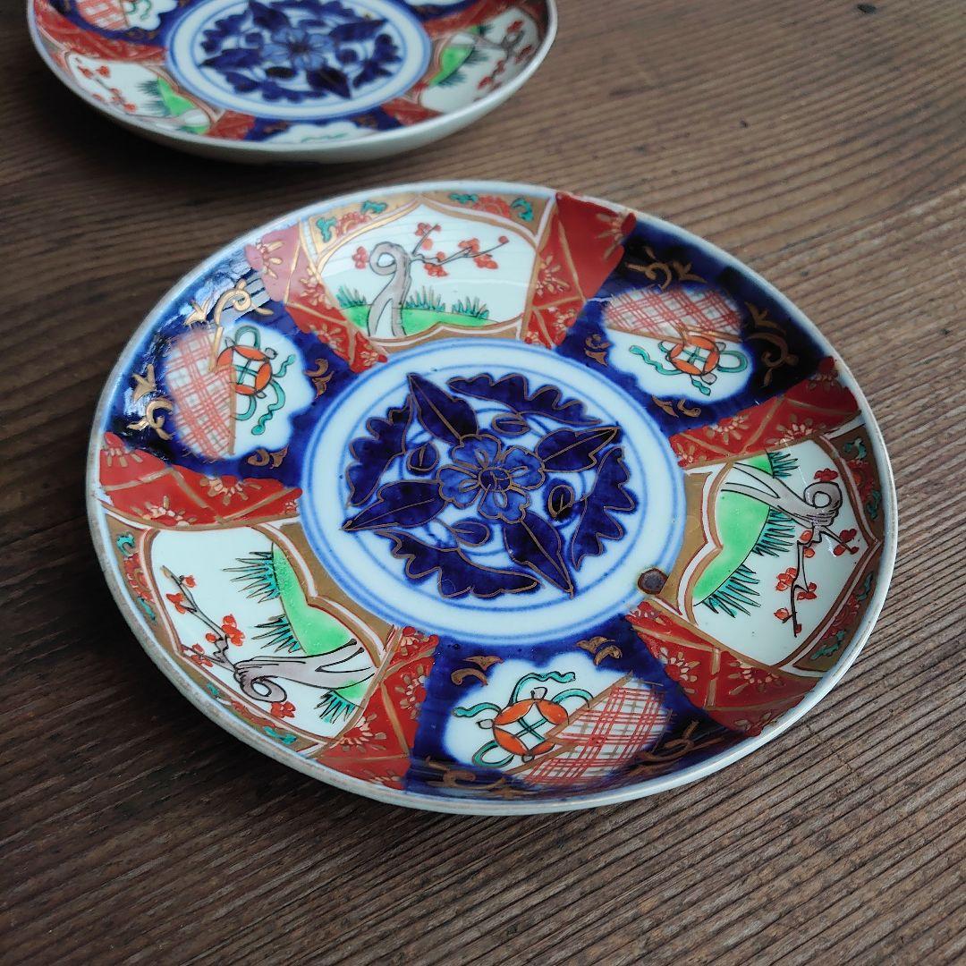 明治伊万里 色絵金彩 花クルス文 6寸皿 2枚 骨董 アンティーク