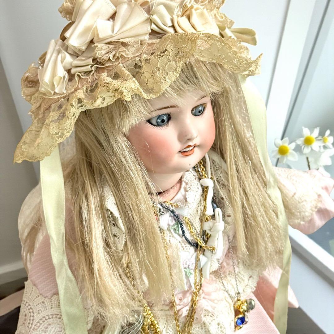 アンティーク ビスクドール ジュモー ピンク ドレス ボネ カメオ ネックレス