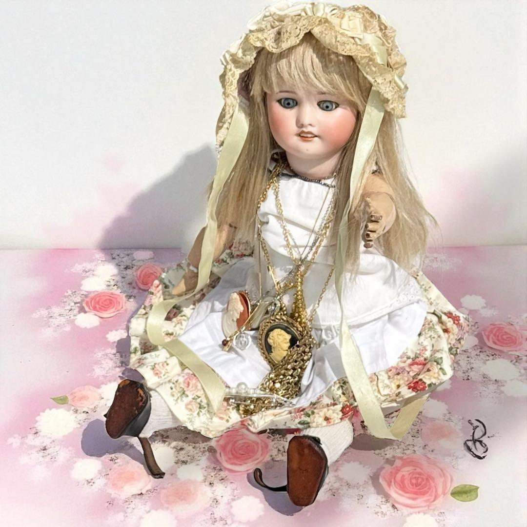 アンティーク ビスクドール ジュモー ピンク ドレス ボネ カメオ ネックレス