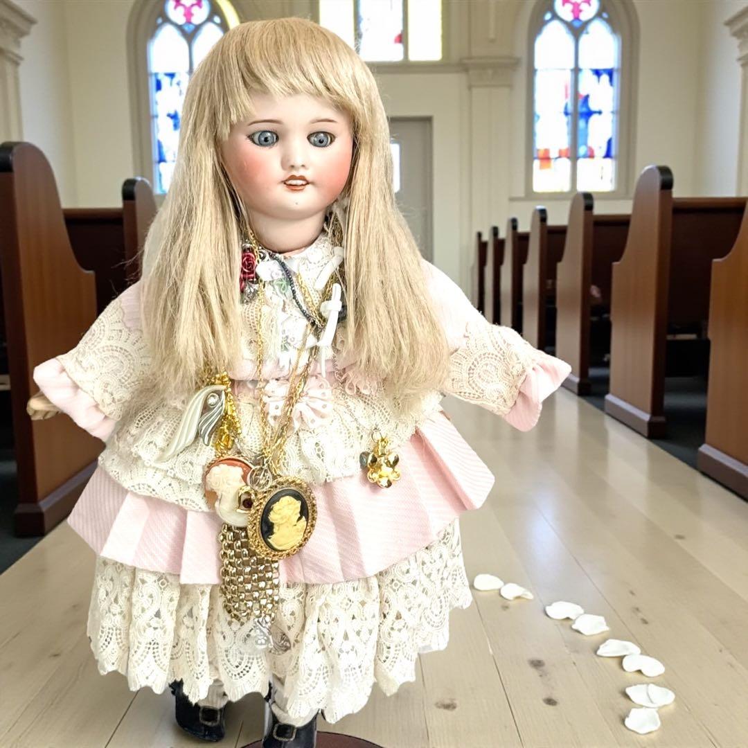 アンティーク ビスクドール ジュモー ピンク ドレス ボネ カメオ ネックレス